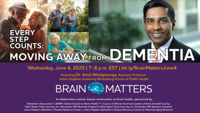 COAH’s Dr. Amal Wanigatunga Will Present “Every Step Counts: Moving Away from Dementia” at the next #BrainMatters Webinar on Weds., June 4th from 7 to 8 p.m.
